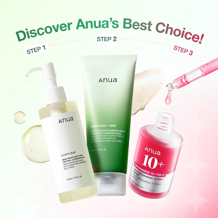 Anua 3-Step Glass Skin Beginner Set, Oil Cleanser and Face Wash with Facial Serum Set