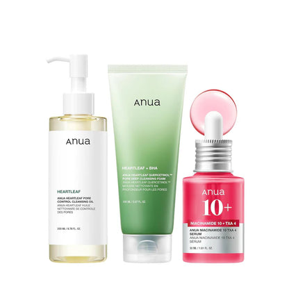 Anua 3-Step Glass Skin Beginner Set, Oil Cleanser and Face Wash with Facial Serum Set