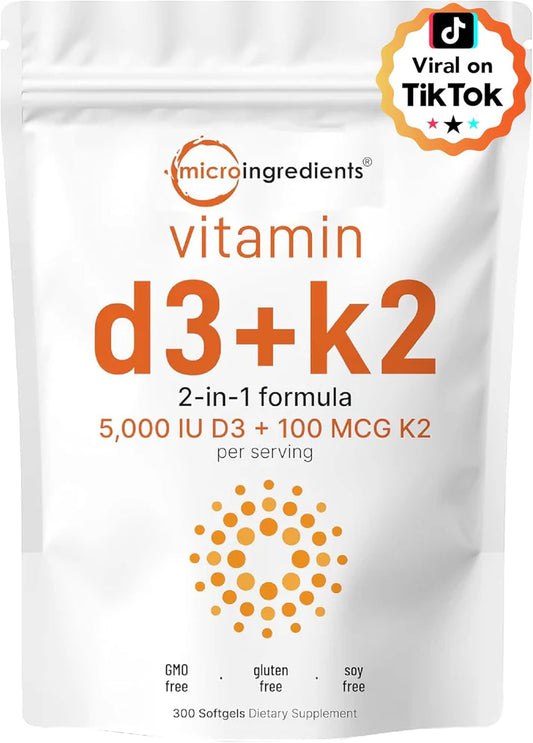 Micro Ingredients Vitamin D3 5,000 IU + K2 MK-7 100 mcg, 300 Softgels