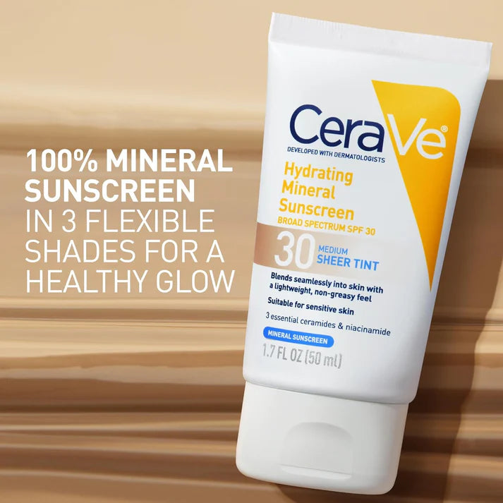CeraVe Hydrating Mineral Sunscreen SPF 30, Blends Seamlessly For Healthy Glow, Light