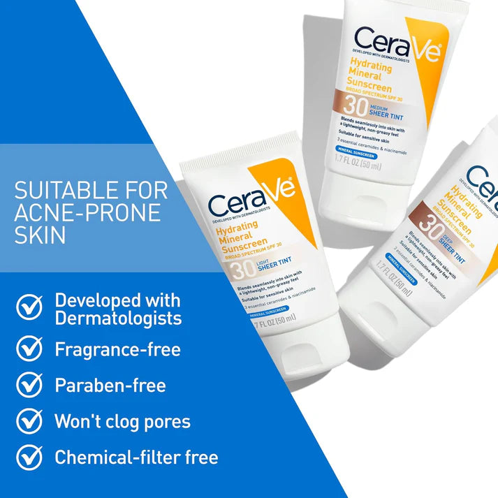 CeraVe Hydrating Mineral Sunscreen SPF 30, Blends Seamlessly For Healthy Glow, Light