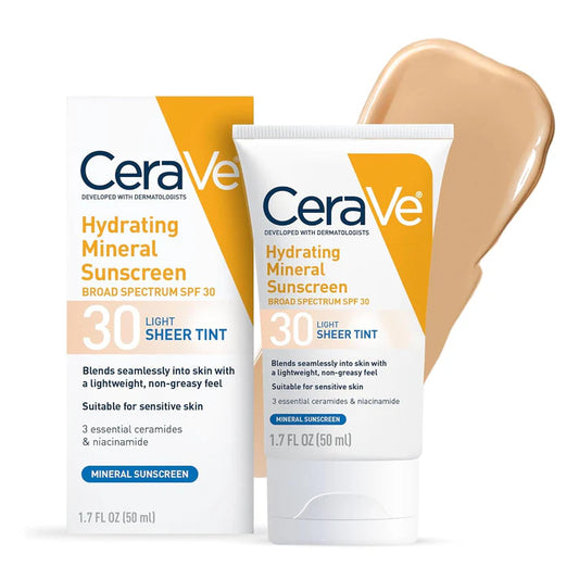 CeraVe Hydrating Mineral Sunscreen SPF 30, Blends Seamlessly For Healthy Glow, Light