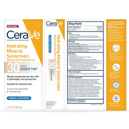 CeraVe Hydrating Mineral Sunscreen SPF 30, Blends Seamlessly For Healthy Glow, Light